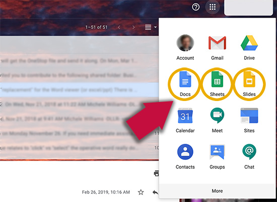 screen shot showing that Google's apps are located at the top right of the Gmail screen